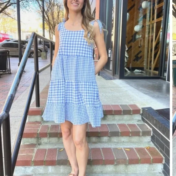 &merci Green Gingham shoulder tie strap dress - Picture 3 of 8